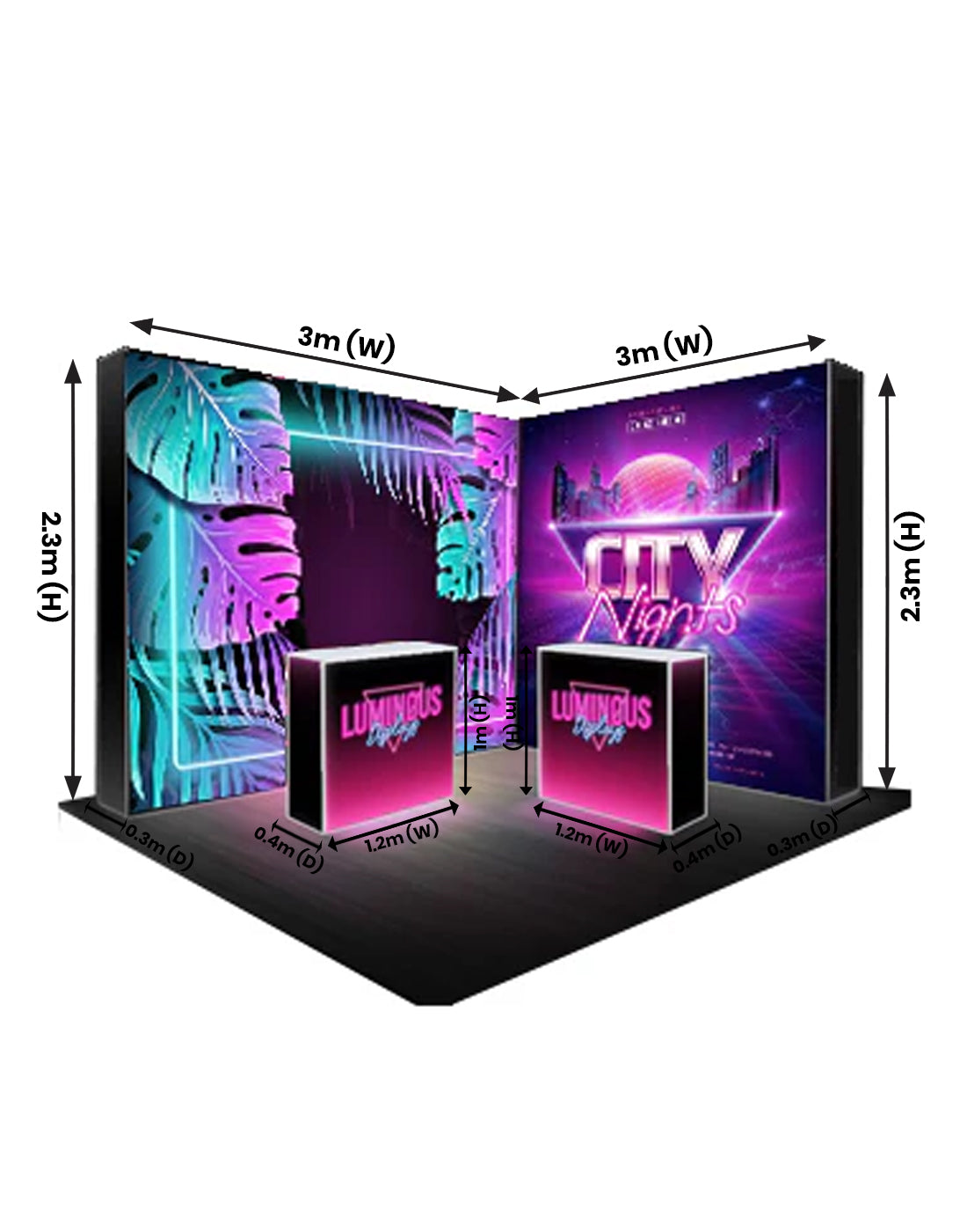 L-Shaped Illuminated Media Wall Set with Counters for 3m x 3m Booths.